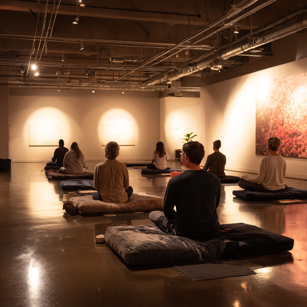 Serene meditation space with adult practitioners in contemplative poses